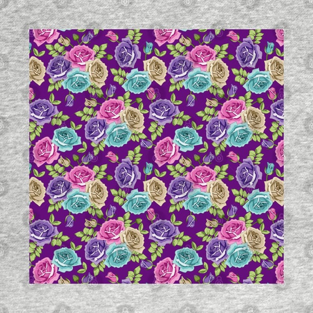 Botanical Roses Seamless Pattern On Purple Background by Designoholic